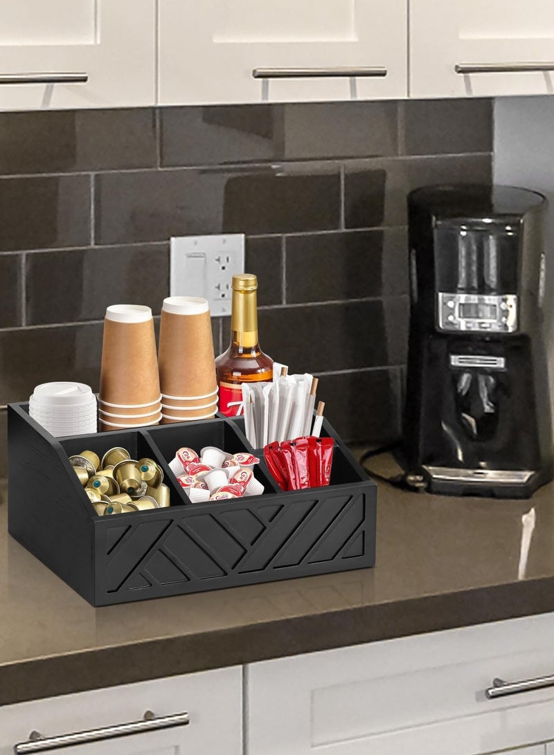 اكسيسن منظم محطة قهوة على المنضدة، سلة تخزين حاملة كبسولات قهوة خشبية، منظم تخزين توابل القهوة والشاي (أسود) - Image 2