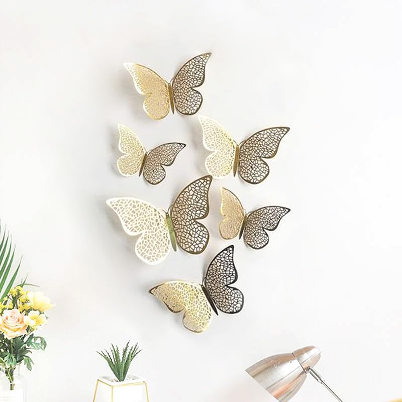 XTORE 6 قطع فراشات ثلاثية الأبعاد مع لاصق للتزيين في المنزل | المكتب | المطبخ (عبوة من 6، ذهبية) - Image 1