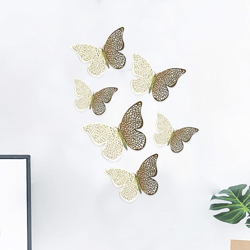 XTORE 6 قطع فراشات ثلاثية الأبعاد مع لاصق للتزيين في المنزل | المكتب | المطبخ (عبوة من 6، ذهبية) - Image 4