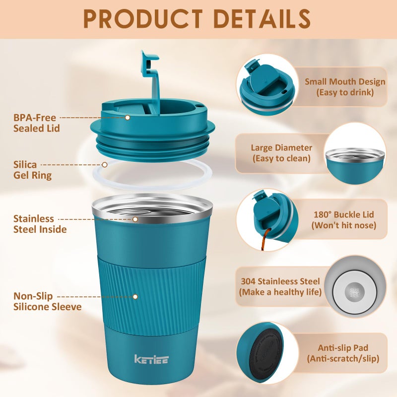 KETIEE Travel Mugs, 380ml Insulated Coffee Cup with Leakproof Lid,Reusable Coffee Cups Travel Cup,Coffee Travel Mug,Double Walled Coffee Mug,Stainless Steel thermaol Mug for Hot Cold Drinks,Blue - Image 2