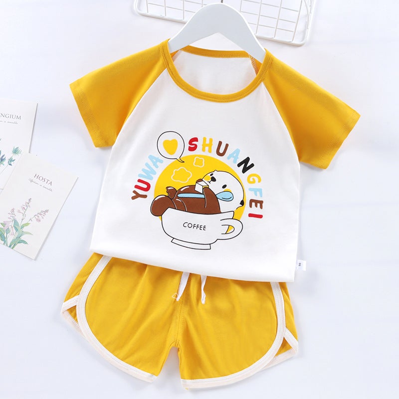 2023 Kids Summer Thin Short Sleeve Set Striped-Yellow Teacup Bear 
