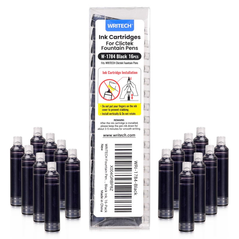 WRITECH Black Ink Cartridge Set: 16 Ink Cartridges Clictek Fountain Pens - Image 1