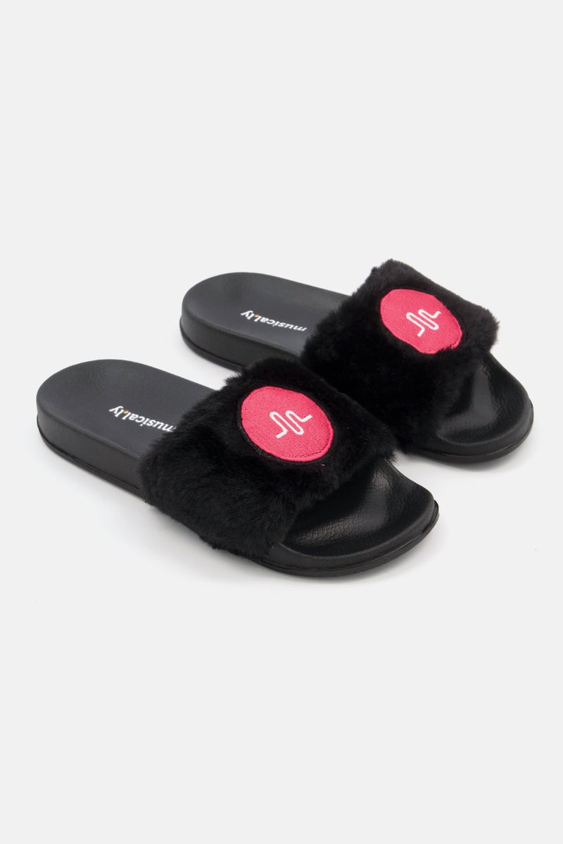 Musical.ly Kids Girl Faux Fur Home Slipper, Black Combo  - Image 1