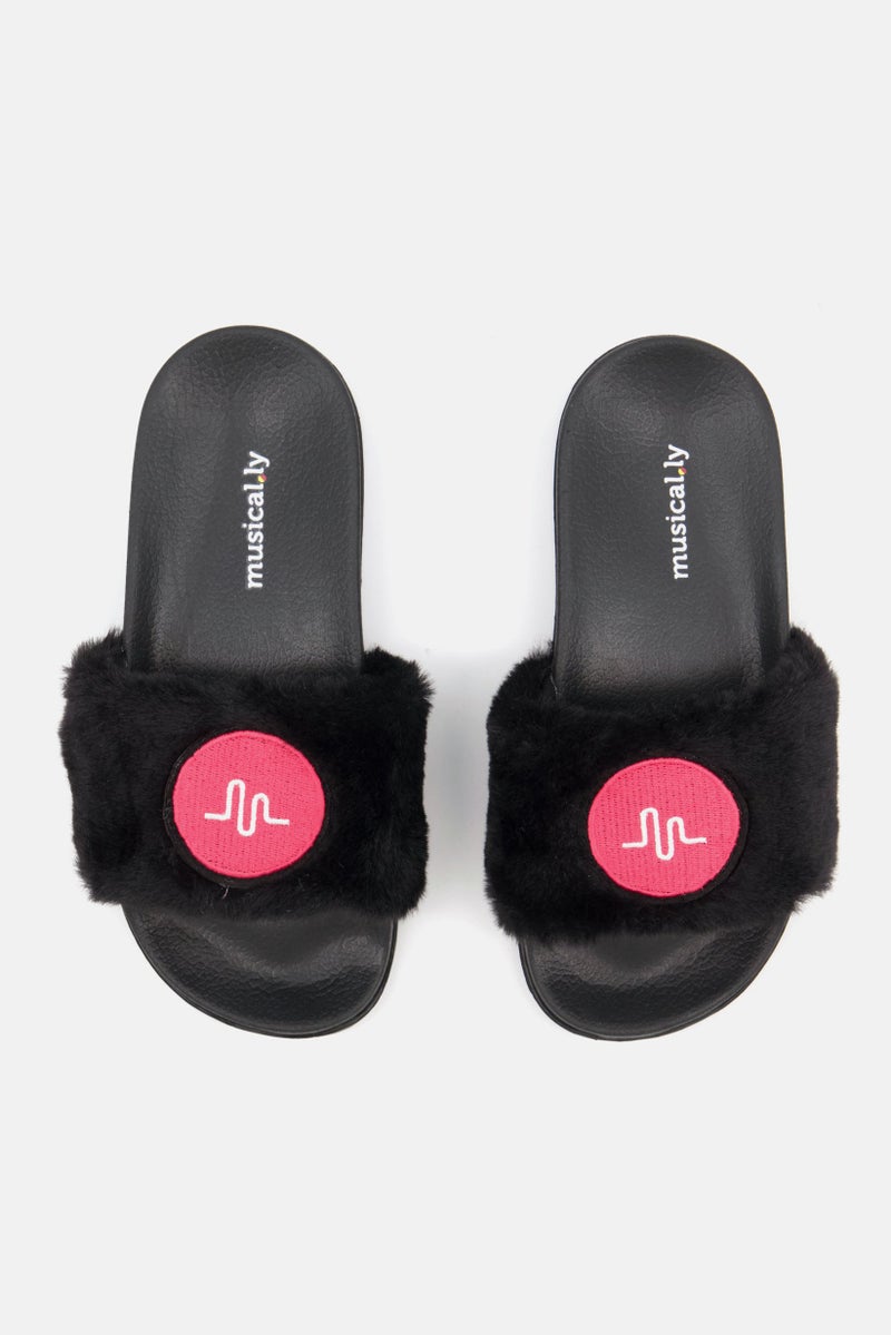 Musical.ly Kids Girl Faux Fur Home Slipper, Black Combo  - Image 3