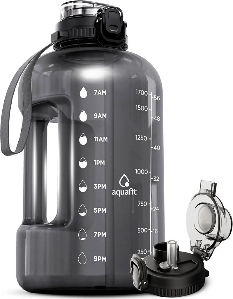 AQUAFIT Half Gallon Water Bottle with Time Marker - Straw & Chug Lid - BPA Free Gym Water Bottle with Straw - Big Gallon Jug (Gray, 64 oz - 2in1 Lid) - Image 1