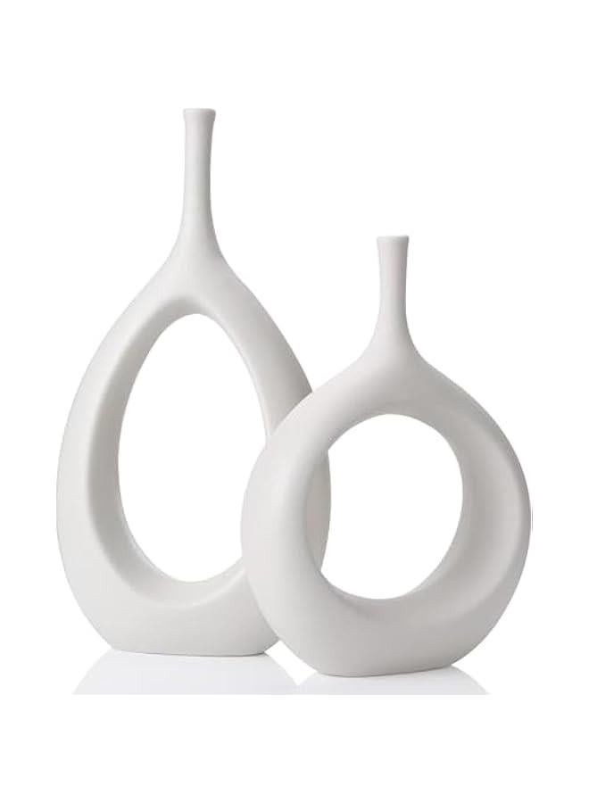 HOOKOR Ceramic Vase Set of 2, Hollow Matte Ceramic Vase for Home Decor, White Boho Donut Vases Nordic Minimalist Decorative Vase for Table Centerpiece Wedding Dining Living Room Office House Decoration - Image 1