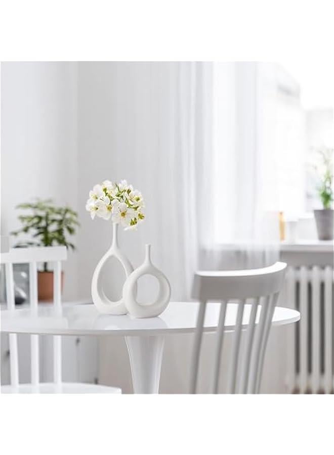 HOOKOR Ceramic Vase Set of 2, Hollow Matte Ceramic Vase for Home Decor, White Boho Donut Vases Nordic Minimalist Decorative Vase for Table Centerpiece Wedding Dining Living Room Office House Decoration - Image 4