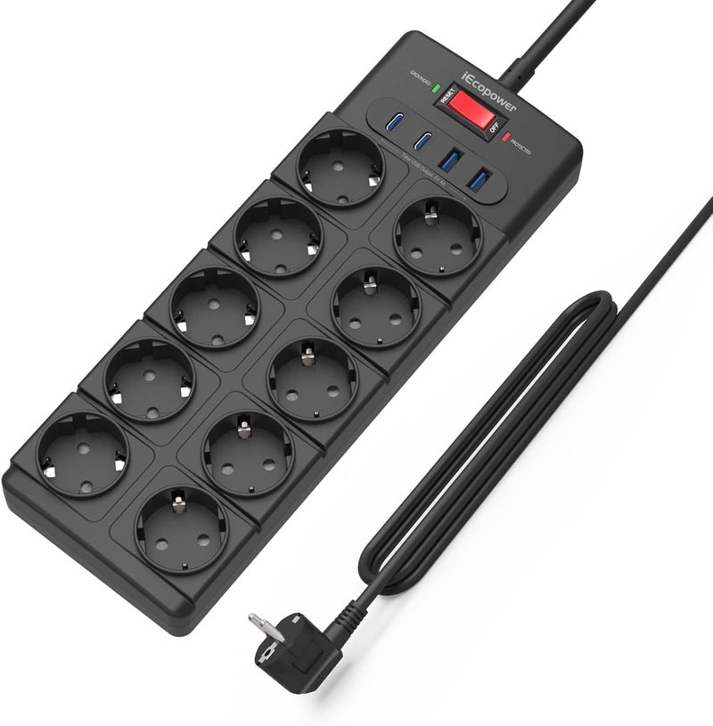 IECOPOWER 10 socket outlets, USB power strip (PD 20 W, 2 USB-C ports and 2 USB-A ports), power strip with switch, 4000 W/16 A, 1050 J, surge protector and 2 m - Image 1