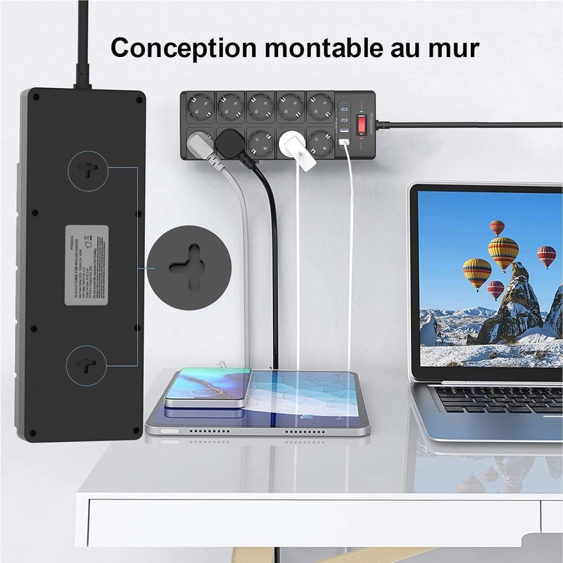 IECOPOWER 10 socket outlets, USB power strip (PD 20 W, 2 USB-C ports and 2 USB-A ports), power strip with switch, 4000 W/16 A, 1050 J, surge protector and 2 m - Image 5