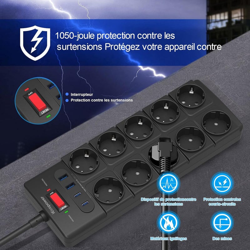 IECOPOWER 10 socket outlets, USB power strip (PD 20 W, 2 USB-C ports and 2 USB-A ports), power strip with switch, 4000 W/16 A, 1050 J, surge protector and 2 m - Image 4