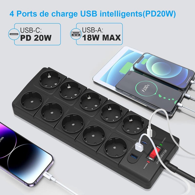 IECOPOWER 10 socket outlets, USB power strip (PD 20 W, 2 USB-C ports and 2 USB-A ports), power strip with switch, 4000 W/16 A, 1050 J, surge protector and 2 m - Image 3