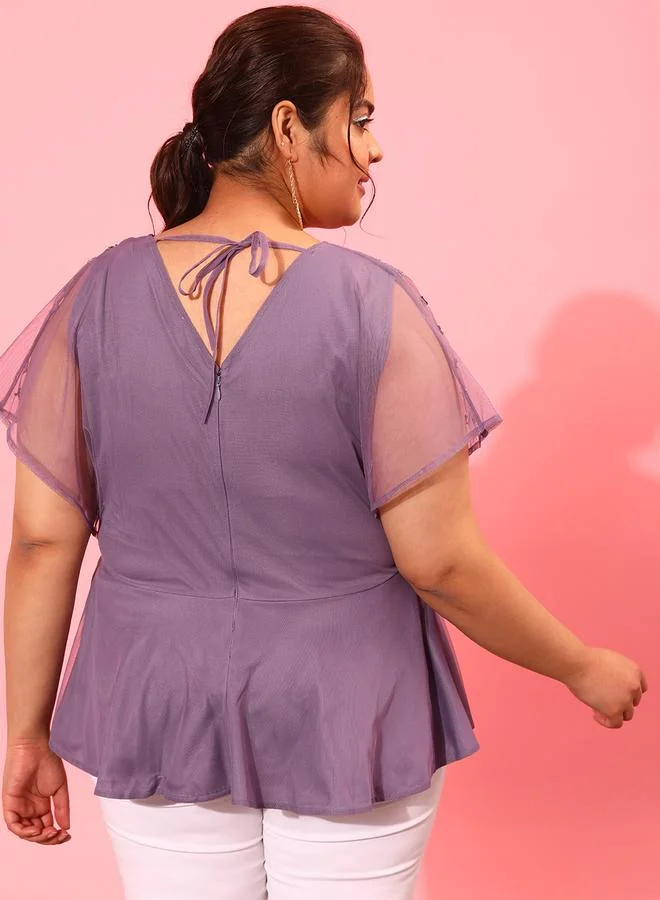 STREET 9 Plus Purple Peplum Top with Sequined Embellished Net