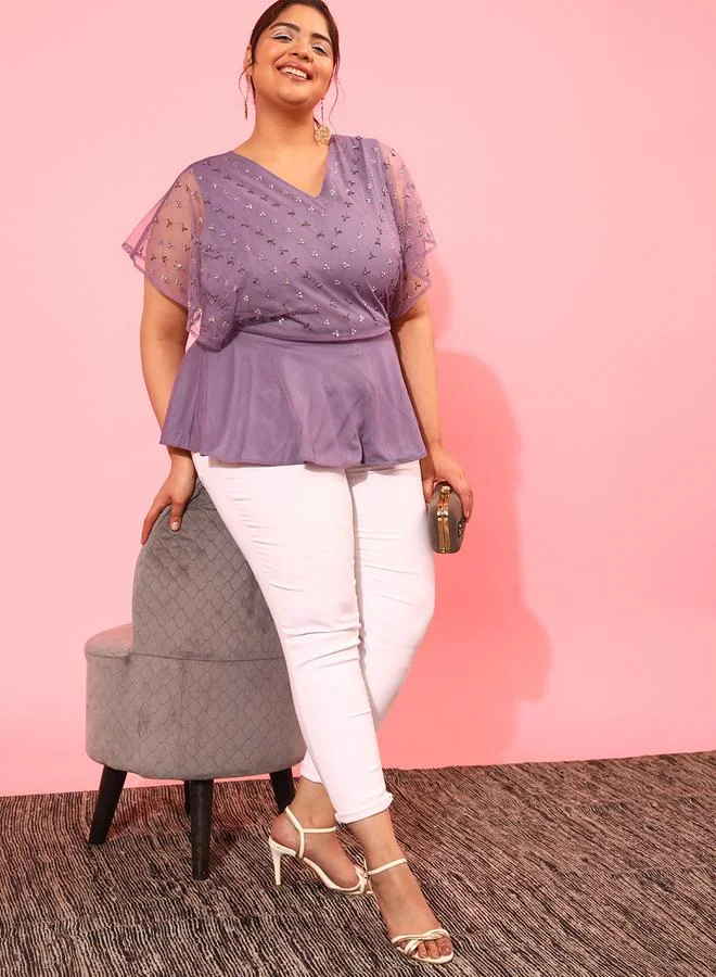 STREET 9 Plus Purple Peplum Top with Sequined Embellished Net