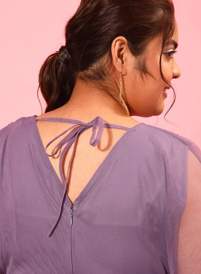 STREET 9 Plus Purple Peplum Top with Sequined Embellished Net