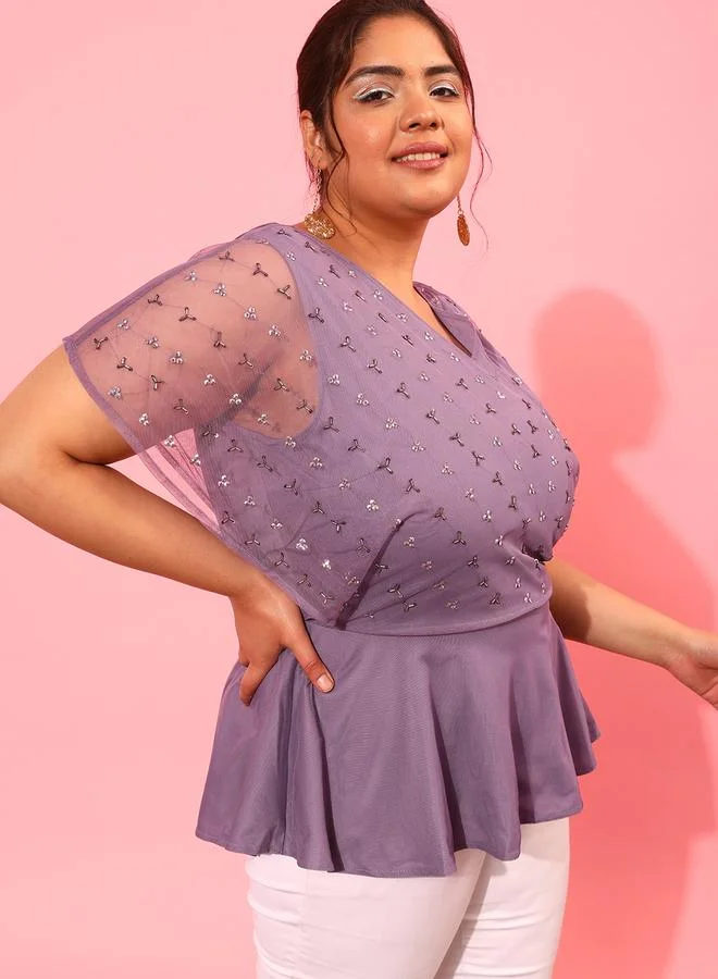 STREET 9 Plus Purple Peplum Top with Sequined Embellished Net