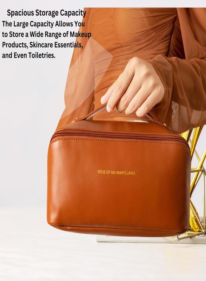 Flywind Leather Waterproof Makeup Bag for Women - Large Capacity Pouches for Women, Cosmetic Makeup Pouch with Compartments - Wide Opening Zipper - Travel Makeup Organizer Kit (Brown) - Image 5