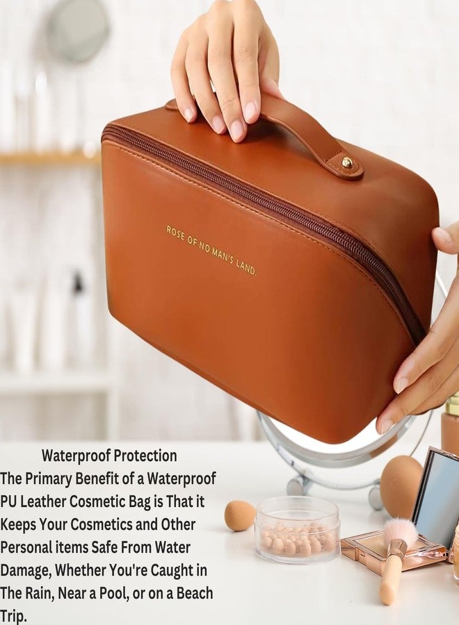 Flywind Leather Waterproof Makeup Bag for Women - Large Capacity Pouches for Women, Cosmetic Makeup Pouch with Compartments - Wide Opening Zipper - Travel Makeup Organizer Kit (Brown) - Image 2