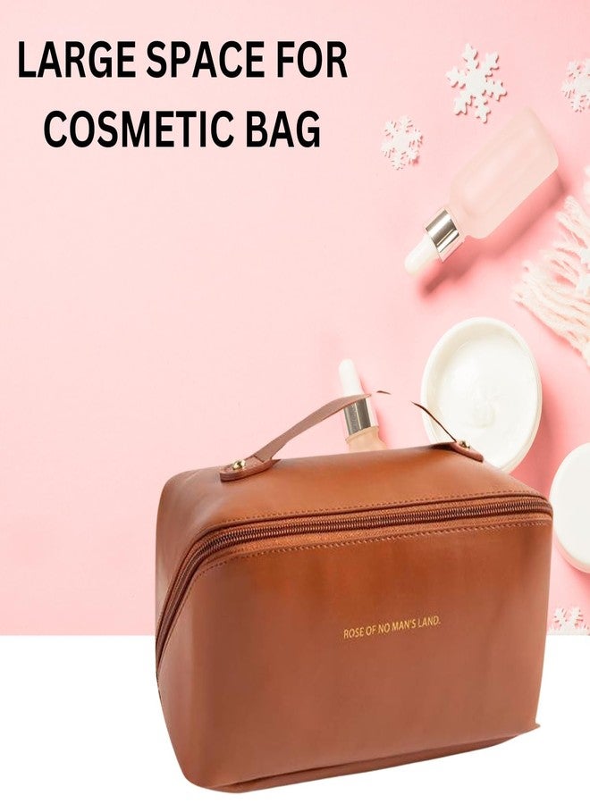 Flywind Leather Waterproof Makeup Bag for Women - Large Capacity Pouches for Women, Cosmetic Makeup Pouch with Compartments - Wide Opening Zipper - Travel Makeup Organizer Kit (Brown) - Image 4