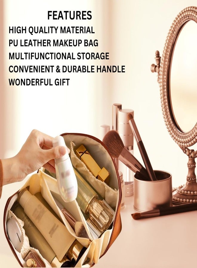 Flywind Leather Waterproof Makeup Bag for Women - Large Capacity Pouches for Women, Cosmetic Makeup Pouch with Compartments - Wide Opening Zipper - Travel Makeup Organizer Kit (Brown) - Image 3