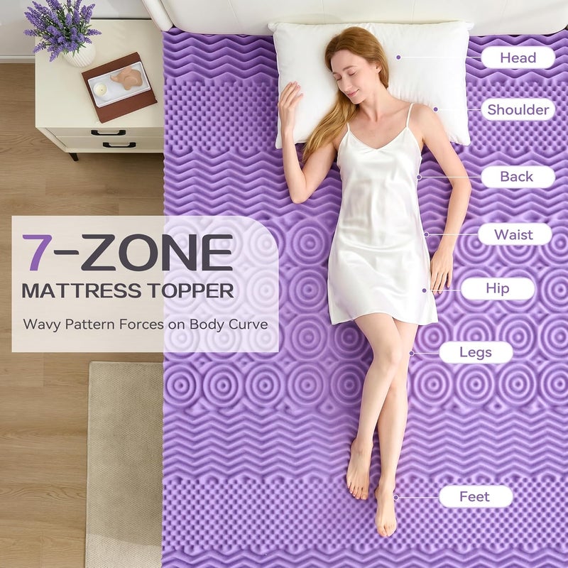 SINWEEK 2 Inch 7-Zone Memory Foam Mattress Topper Twin Size, Soft Mattress Pad for Back Pain Relief, Egg Crate Bed Topper, CertiPUR-US Certified, Violet - Image 2