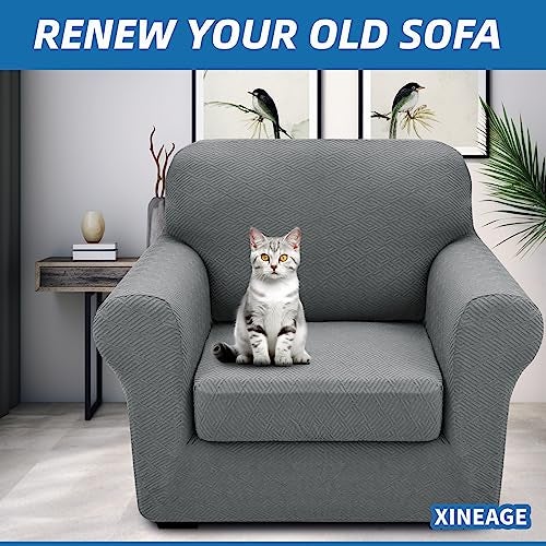 XINEAGE 2025 New 2 Pieces Chair Covers with Arms Super Stretch Chair Slipcover for Living Room Pet Dog Universal Slip Cover Anti Slip Armchair Furniture Protector (Light Gray), 31"-46"(1 Cushion) - Image 3