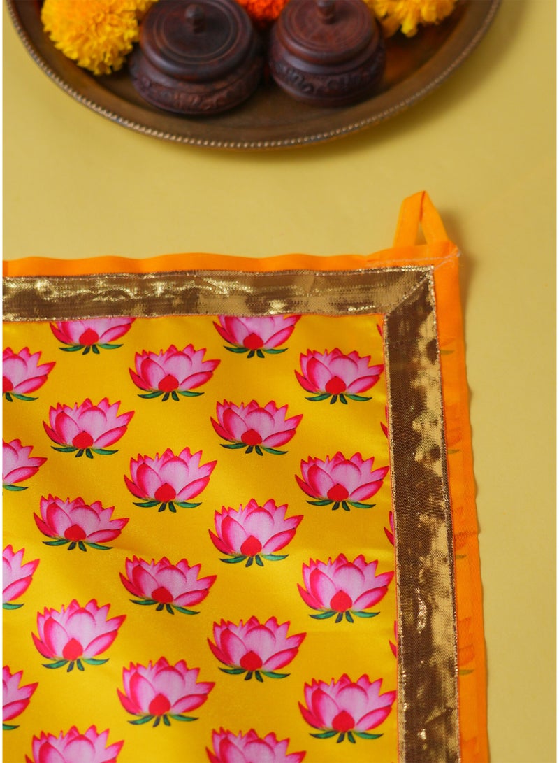 Madhoor Lotus Decorative Pooja Aasan Yellow Pink for Pooja, Deity Idol Placement & Home Temples, 22 x 22 Inches, 1 Piece - Image 2