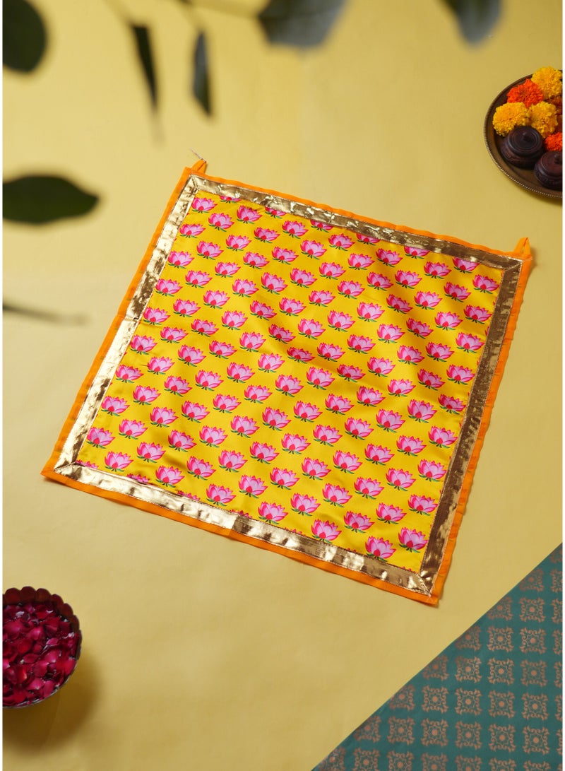 Madhoor Lotus Decorative Pooja Aasan Yellow Pink for Pooja, Deity Idol Placement & Home Temples, 22 x 22 Inches, 1 Piece - Image 1