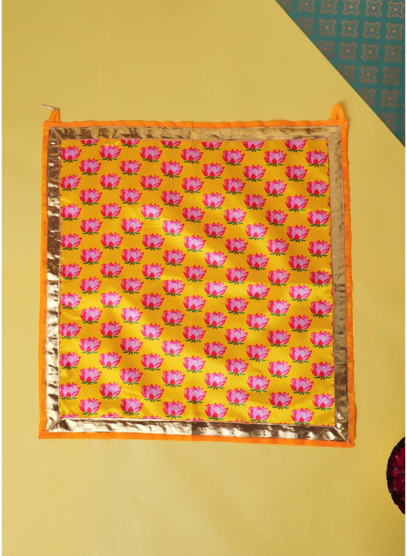 Madhoor Lotus Decorative Pooja Aasan Yellow Pink for Pooja, Deity Idol Placement & Home Temples, 22 x 22 Inches, 1 Piece - Image 3