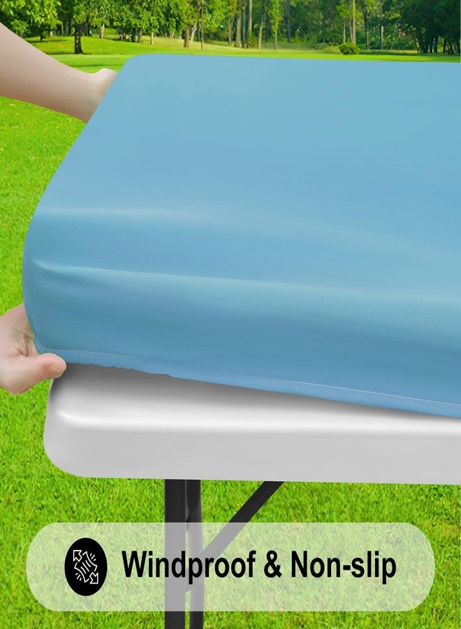 Smiry Rectangle Tablecloth, Elastic Fitted Flannel Backed Vinyl Tablecloths for 8ft Folding Tables, Waterproof Wipeable Table Covers for Indoor, Outdoor, Picnic and Camping (Aqua, 30"x96") - Image 2