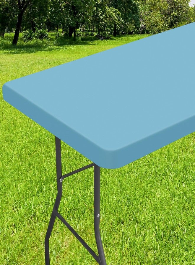 Smiry Rectangle Tablecloth, Elastic Fitted Flannel Backed Vinyl Tablecloths for 8ft Folding Tables, Waterproof Wipeable Table Covers for Indoor, Outdoor, Picnic and Camping (Aqua, 30"x96") - Image 1