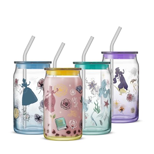 JoyJolt Disney Princess Icon Glass Tumblers with Lids and Straws 16oz Glass Cups with Lids and Straws ft Princess Jasmine Ariel Cinderella Belle 4pc Can Shaped Drinking Glasses Iced Coffee Cups - Image 1