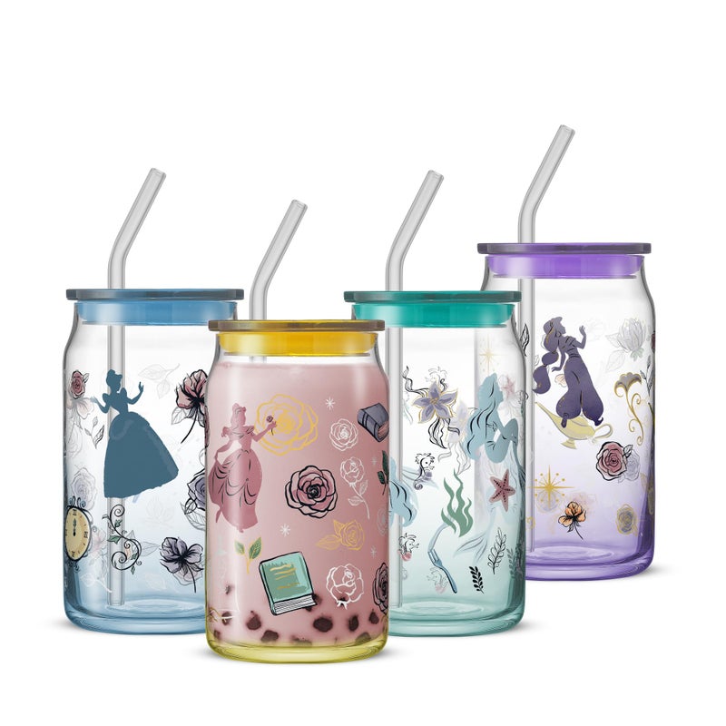 JoyJolt Disney Princess Icon Glass Tumblers with Lids and Straws 16oz Glass Cups with Lids and Straws ft Princess Jasmine Ariel Cinderella Belle 4pc Can Shaped Drinking Glasses Iced Coffee Cups - Image 2
