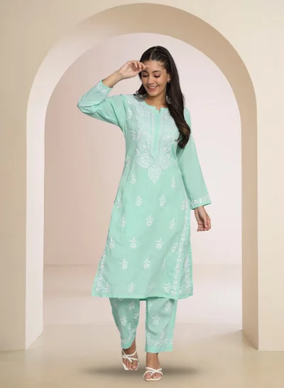 Alaya Women Hand Embroidered Chikankari Cotton Kurta Set-AL3674KS