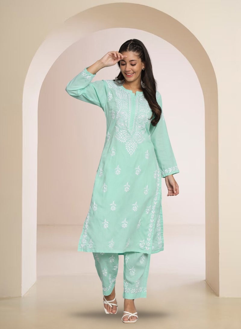 Alaya Women Hand Embroidered Chikankari Cotton Kurta Set-AL3674KS - Image 1