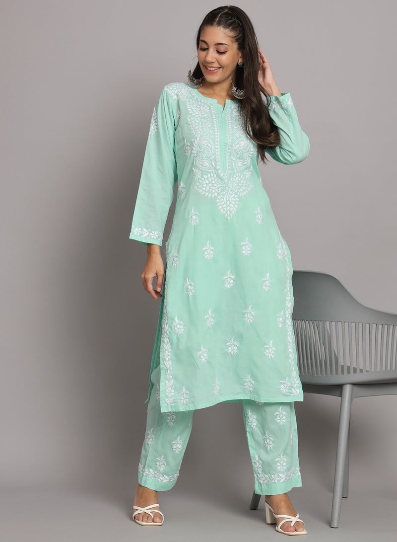 Alaya Women Hand Embroidered Chikankari Cotton Kurta Set-AL3674KS - Image 5