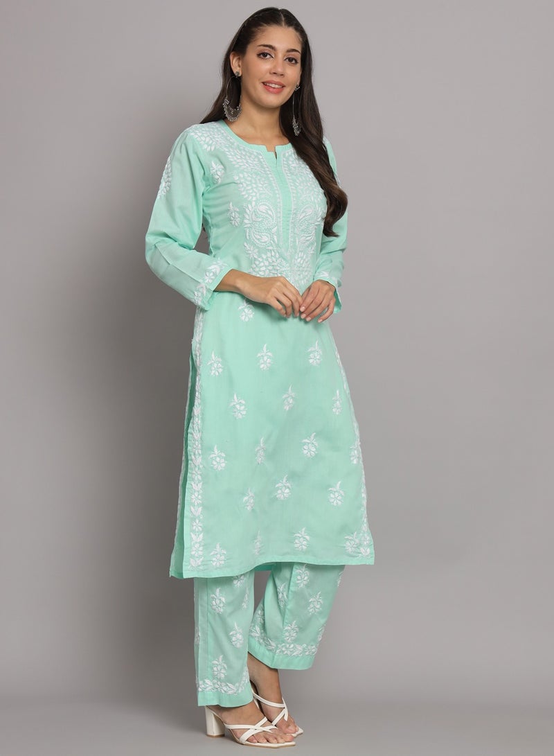Alaya Women Hand Embroidered Chikankari Cotton Kurta Set-AL3674KS - Image 2