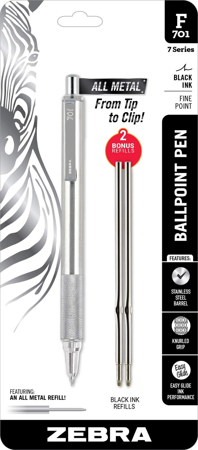 Zebra Pen Zebra F-701 Metal Pen - Ballpoint Fine Point Stainless Steel - 0.8mm - Black Ink - Retractable Zebra Pens with 2 Black Ink Refills - Image 1