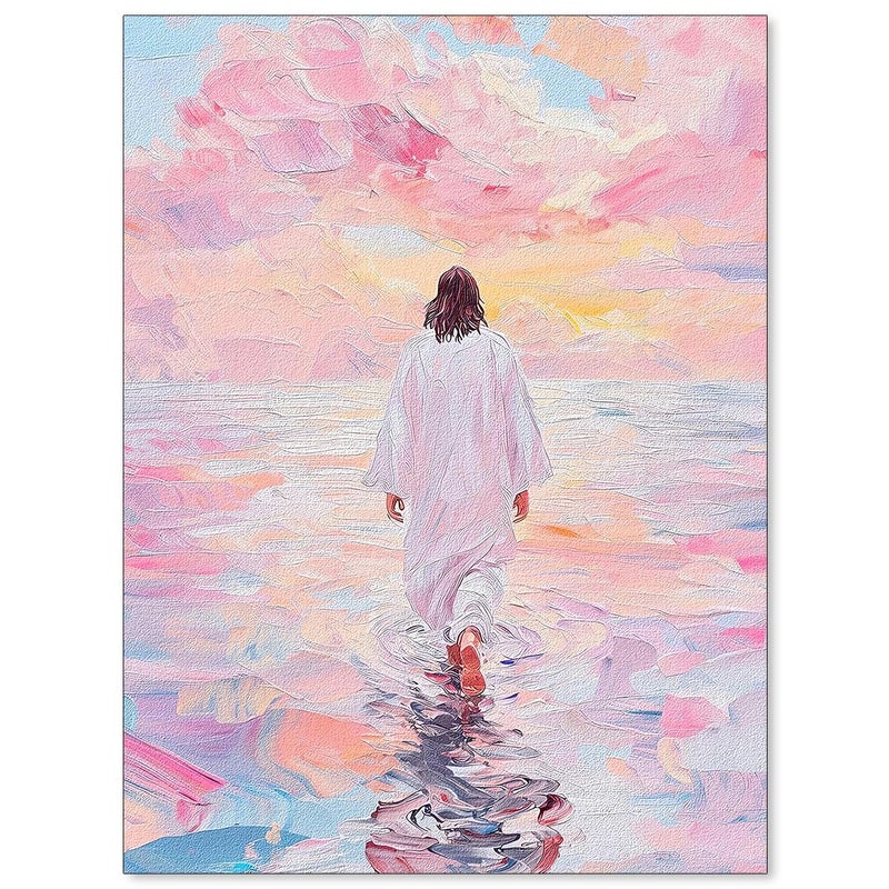 Jesus Walking On Water Pink Wall Art Religious Christian Oil Painting Canvas Poster Modern Aesthetic Artwork Decor for Bedroom Prayer Room Church 12X16 inch Unframed