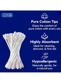 Star Cotton Swabs 300 Pieces - Soft & Flexible Ear Buds - 100% Pure Cotton Double-Ended Cotton Buds - Premium Quality Disposable Swabs - For Babies, Personal Care & Cleaning - Assorted Colors (100x3)  - Image 2