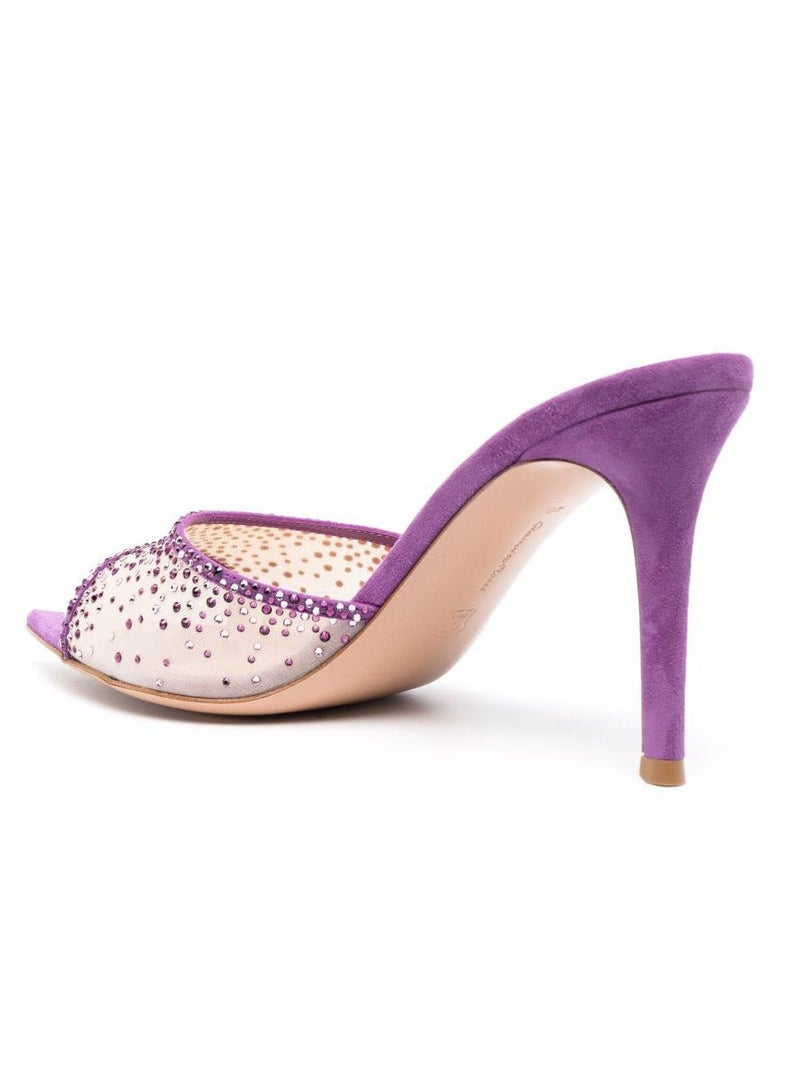Loquat Women's Rhinestone Pointed Toe One Line Design High Heeled Sandals Stiletto Heel Open Toe Slip On Backless Fashion High Heels Slippers Purple 7CM  - Image 3