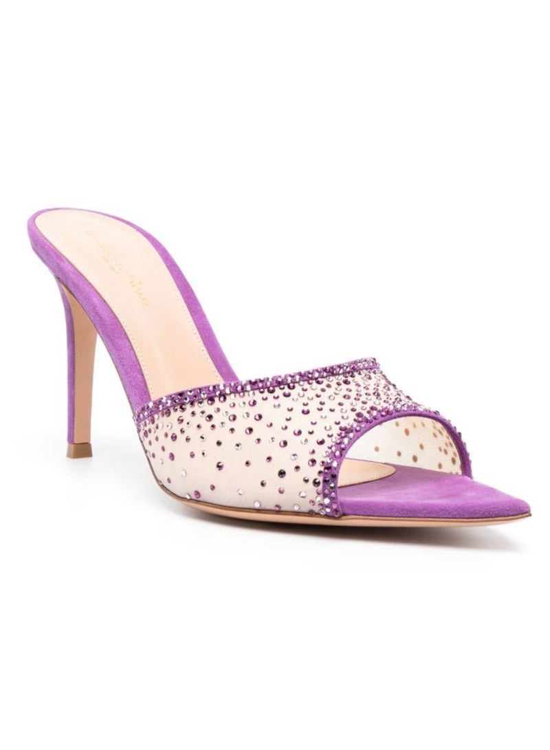 Loquat Women's Rhinestone Pointed Toe One Line Design High Heeled Sandals Stiletto Heel Open Toe Slip On Backless Fashion High Heels Slippers Purple 7CM  - Image 1