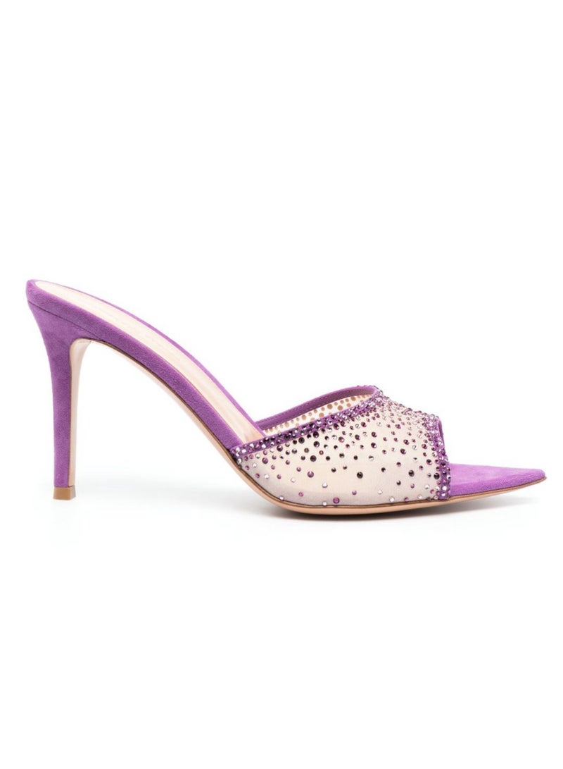 Loquat Women's Rhinestone Pointed Toe One Line Design High Heeled Sandals Stiletto Heel Open Toe Slip On Backless Fashion High Heels Slippers Purple 7CM  - Image 2