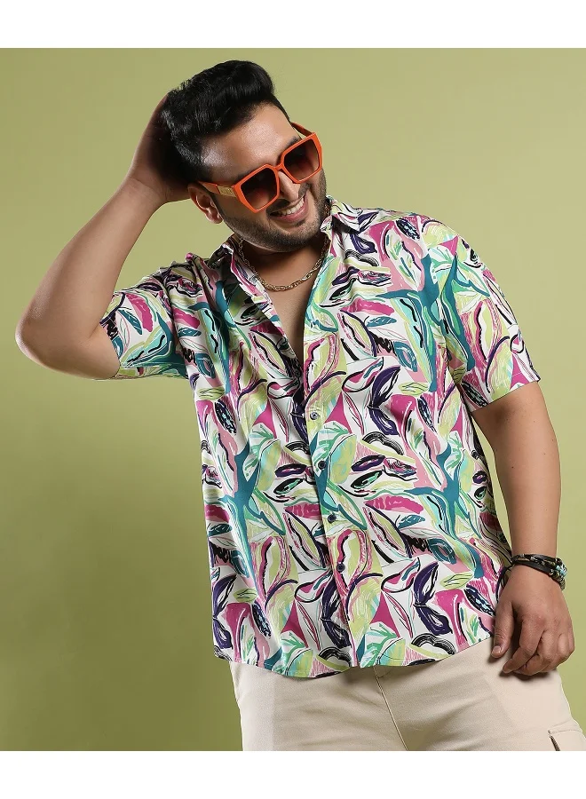 Instafab Plus Men's Pink & Green Abstract Foilage Shirt