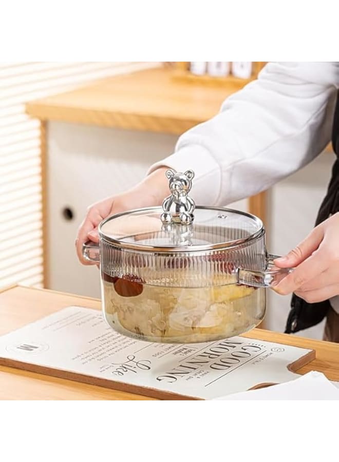 1.7L Heat Pot With Lid Bear Handle And Metal Frame 1.7 Liter, 150 Degrees, Transparent Shape And Cover With Bear Toy For Better Kitchen Decoration