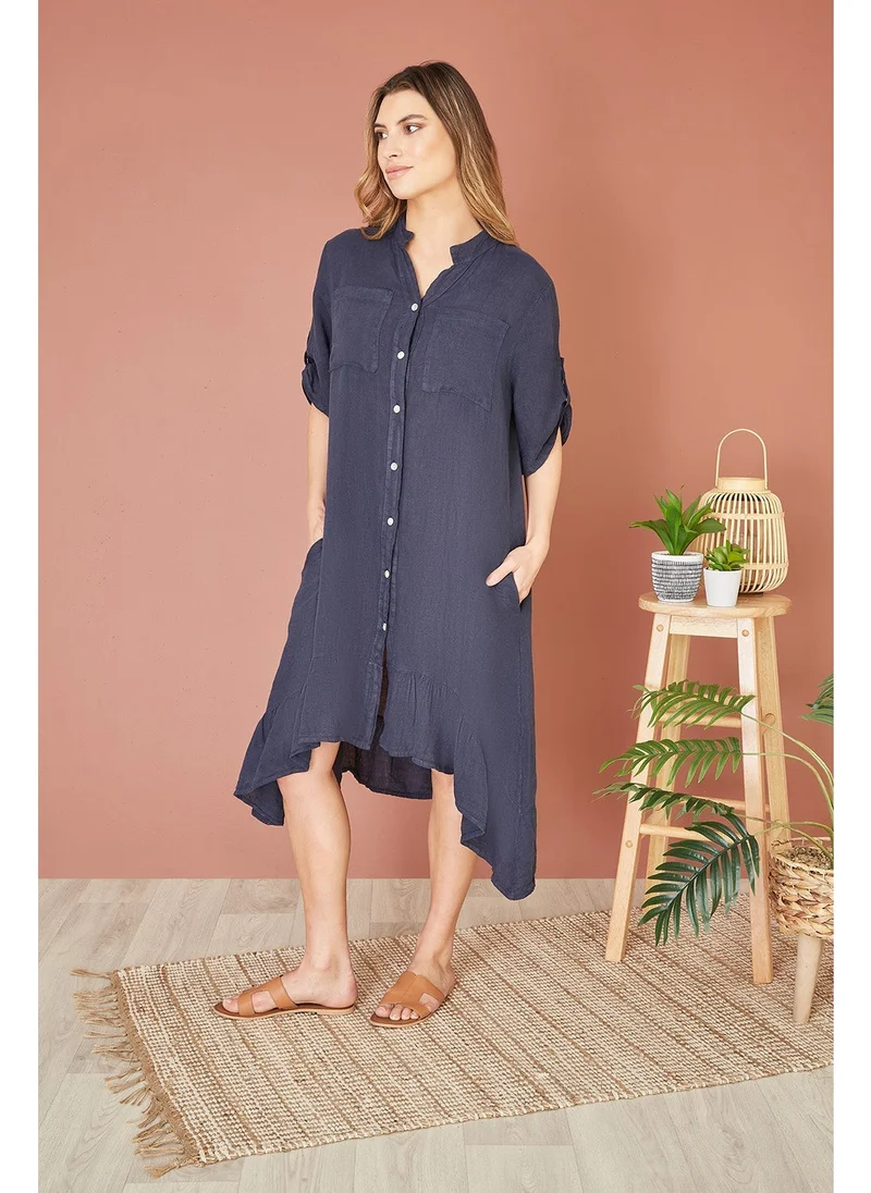 Yumi  Italian Linen Shirt Dress With Frill Hem for Women | Best Price UAE