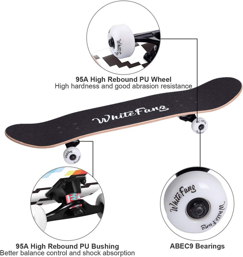 WhiteFang Skateboards for Beginners, Complete Skateboard 31 x 7.88, 7 Layer Canadian Maple Double Kick Concave Standard and Tricks Skateboards for Kids and Beginners - Image 5