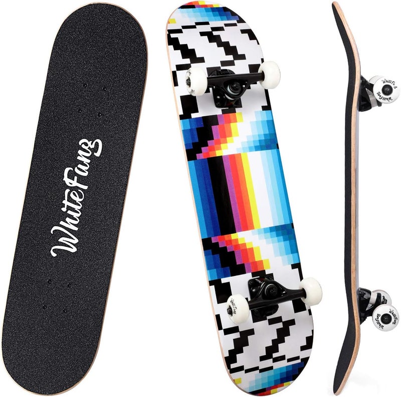 WhiteFang Skateboards for Beginners, Complete Skateboard 31 x 7.88, 7 Layer Canadian Maple Double Kick Concave Standard and Tricks Skateboards for Kids and Beginners - Image 1