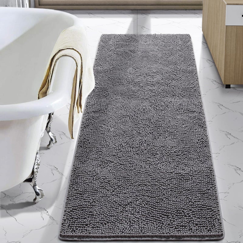 LOCHAS Luxury Bathroom Rug Shaggy Bath Mat 24 x 60 Inch, Washable Non Slip Bath Rugs for Bathroom Shower, Soft Plush Chenille Absorbent Carpets Mats, Gray - Image 1