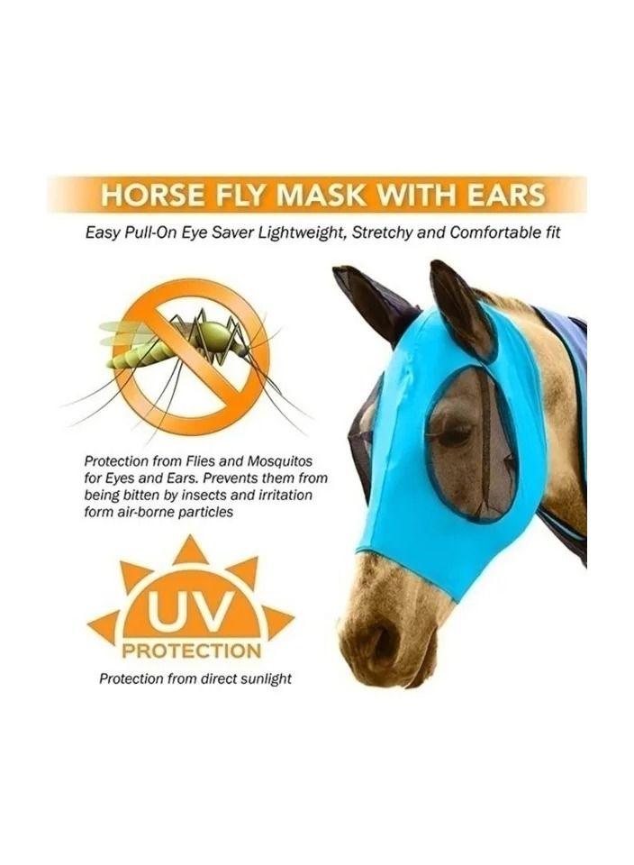 Generic 1-Piece Anti Mosquito Protect Horse Mask,Anti-Flyworms Breathable Mesh Horse Mask Riding Equestrian Equipment,Colour Blue - Image 1