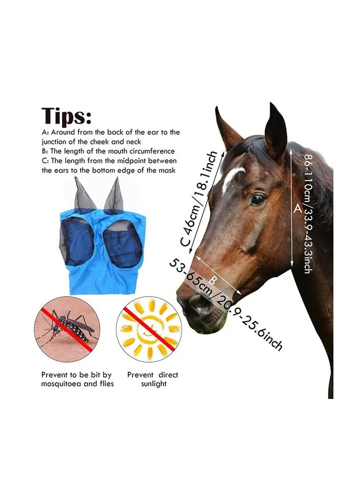 Generic 1-Piece Anti Mosquito Protect Horse Mask,Anti-Flyworms Breathable Mesh Horse Mask Riding Equestrian Equipment,Colour Blue - Image 2